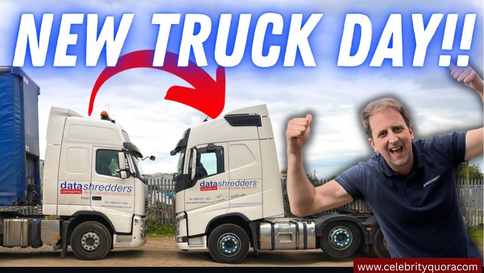 please write an alt text of two lines for this image   A man in a dark blue shirt celebrates "NEW TRUCK DAY!!" with raised fists next to a white "datashredders" truck. Another similar truck is partially visible to the left, under a partly cloudy sky.