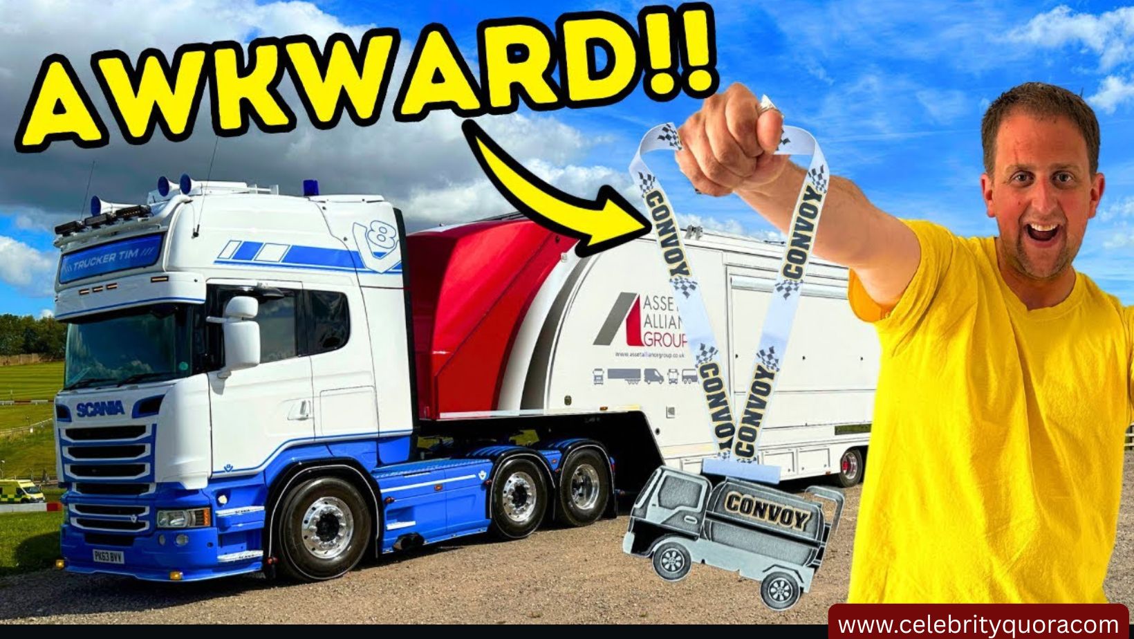 please write an alt text of two lines for this image   A man in a yellow shirt holds up a "CONVOY" lanyard and a toy truck with the same word, appearing surprised or amused under a partly cloudy sky. Behind him is a large white and blue "SCANIA" truck and a trailer with the "Asset Alliance Group" logo.