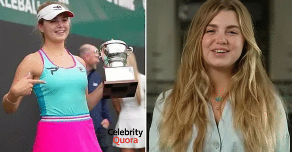 A split image of Anna Leigh Waters: on the left, she is holding a trophy after winning a tournament; on the right, a close-up of her smiling for the camera.