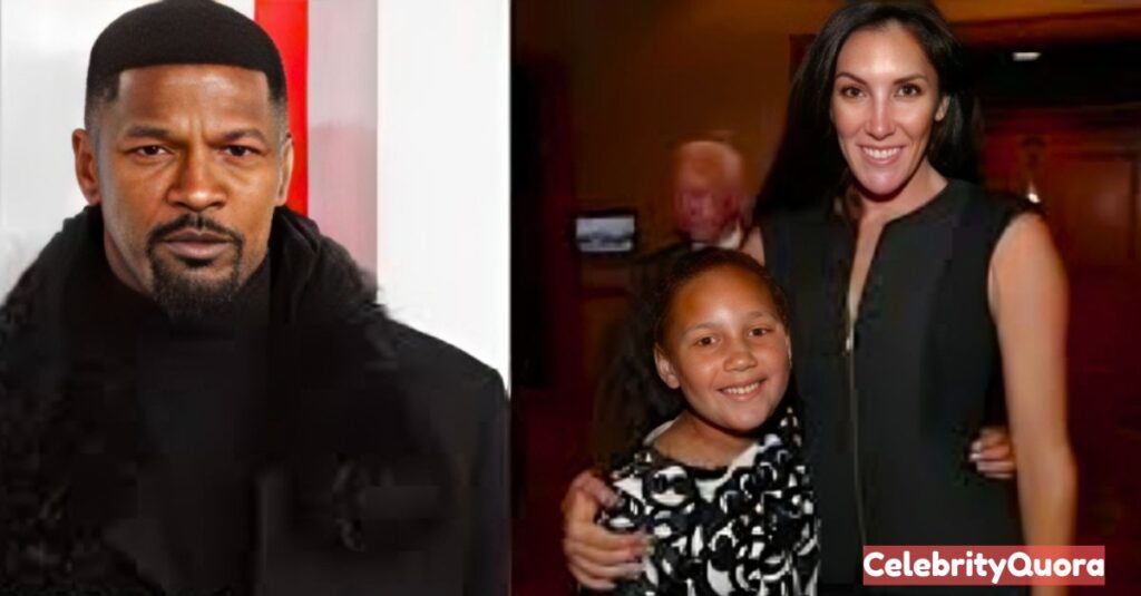 A split image. On the left, actor Jamie Foxx is shown in a headshot, wearing a black top and jacket. On the right, Kristin Grannis stands with a her daughter. Kristin is wearing a black sleeveless top and the girl is wearing a black and white patterned shirt.