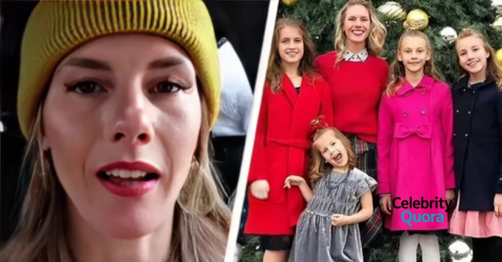 A split image of Ruby Franke. On the left is a close-up of her wearing a yellow beanie. On the right, she is standing with four of her children in front of a Christmas tree.
