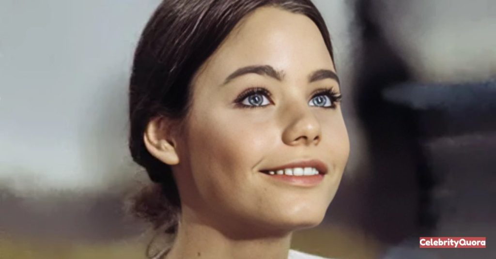 A close-up portrait of a young Susan Dey with dark hair pulled back. She has bright blue eyes and a slight smile as she looks up and to the right, with a soft-focus background.