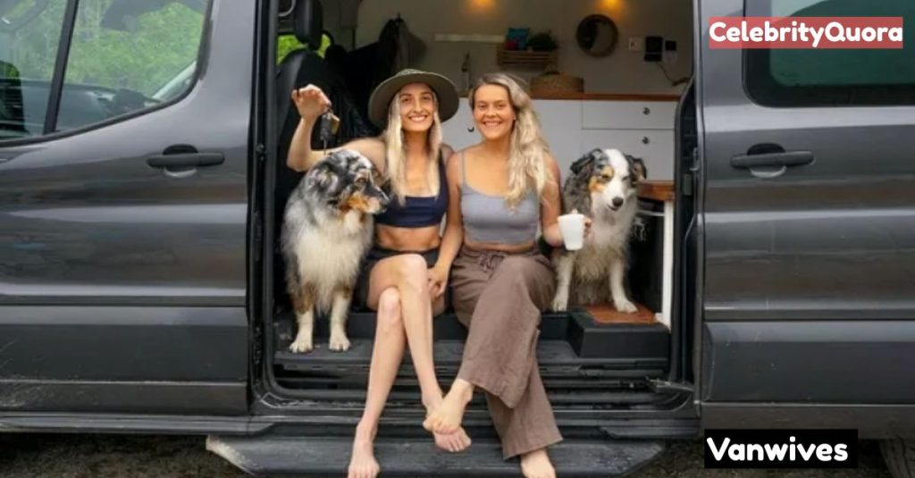 Jazmyn Canning & Crystal Drinkwalter enjoing in their van with dogs and coffee. 