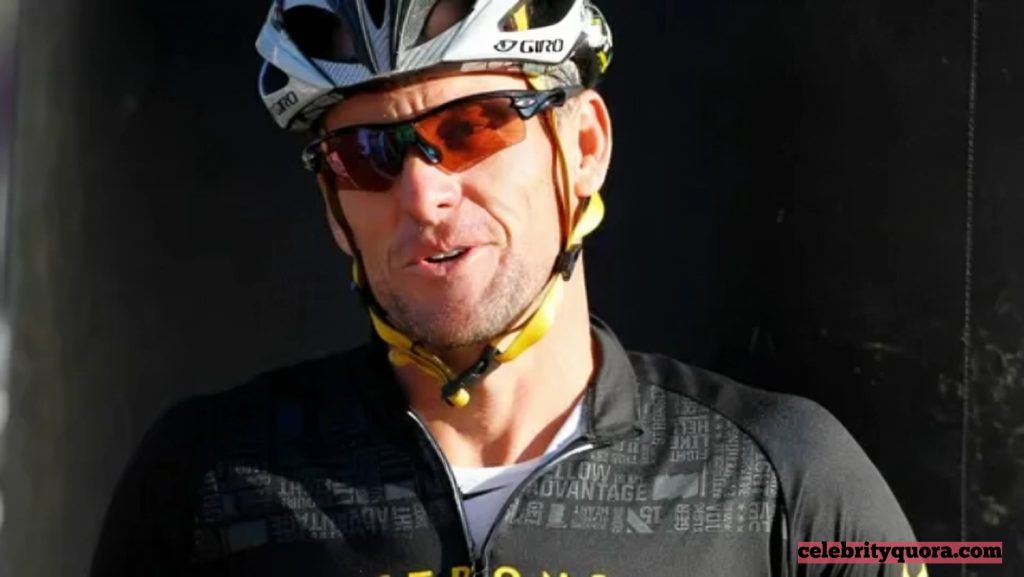Professional cyclist Lance Armstrong in full cycling gear, including a Giro helmet and mirrored sports sunglasses, against a dark background.